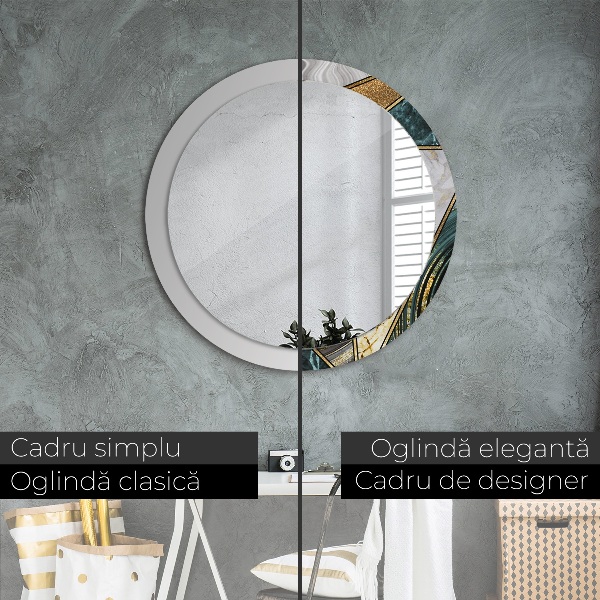 Round printed mirror Agat and gold marble