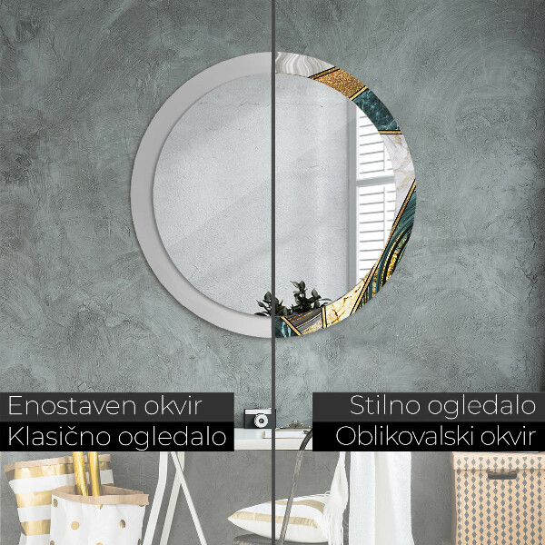 Round printed mirror Agat and gold marble