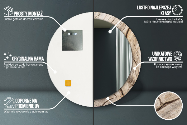 Round mirror frame with print Cracked wood