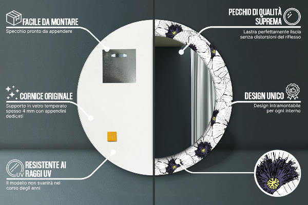 Round wall mirror design Linear flowers composition