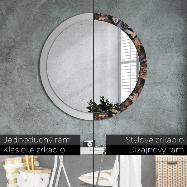 Round mirror frame with print Dark tropical leaves