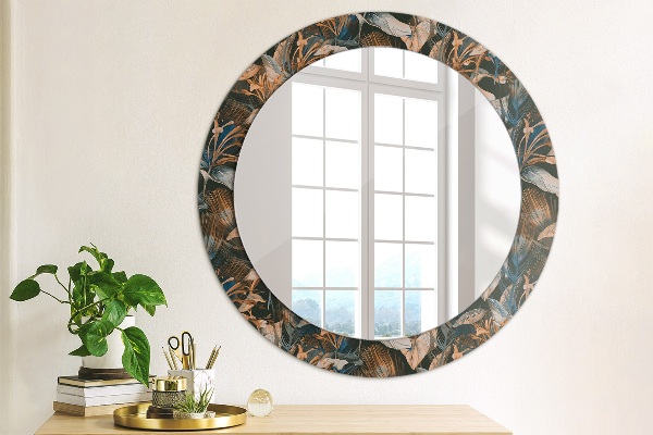 Round mirror frame with print Dark tropical leaves
