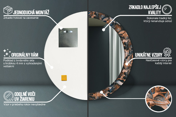 Round mirror frame with print Dark tropical leaves