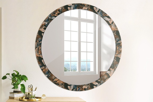 Round mirror frame with print Dark tropical leaves