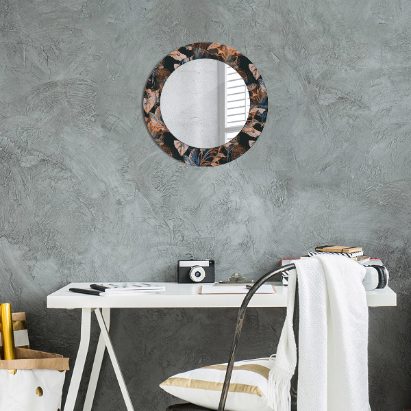 Round mirror frame with print Dark tropical leaves