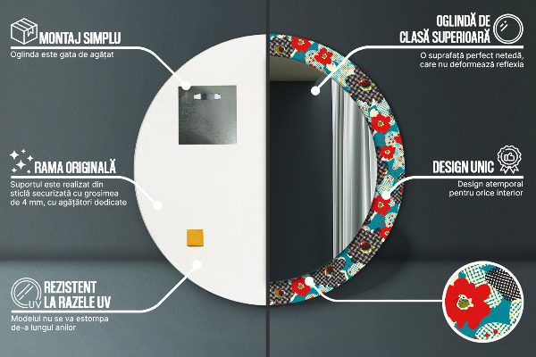 Round mirror frame with print Retro flowers pattern
