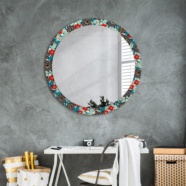 Round mirror frame with print Retro flowers pattern