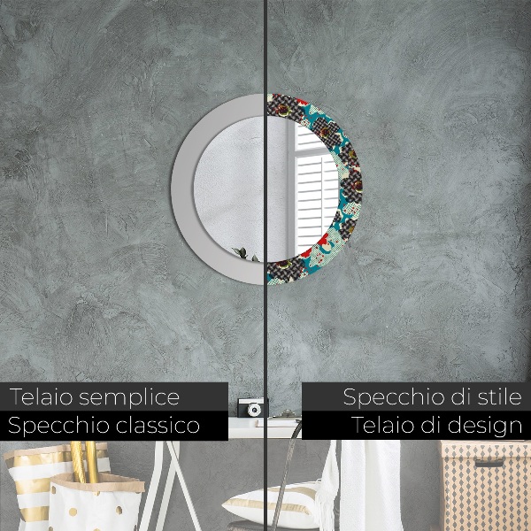 Round mirror frame with print Retro flowers pattern