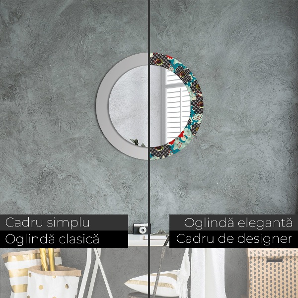 Round mirror frame with print Retro flowers pattern