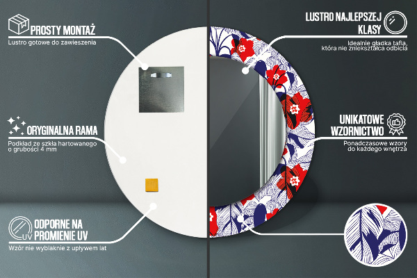 Round mirror frame with print Filodendron and red flowers