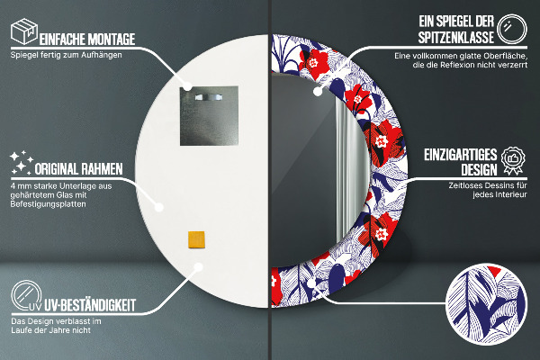 Round mirror frame with print Filodendron and red flowers