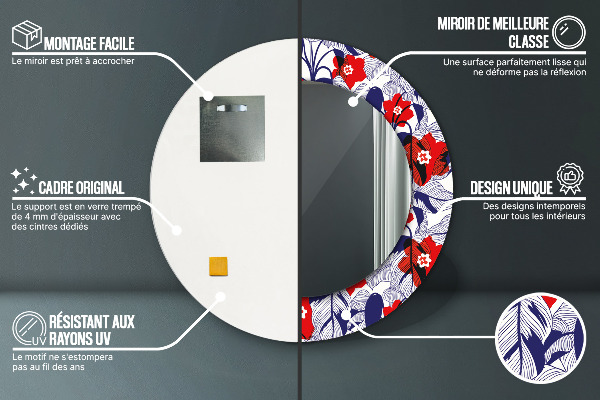 Round mirror frame with print Filodendron and red flowers