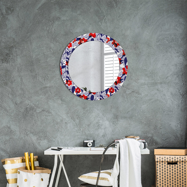 Round mirror frame with print Filodendron and red flowers