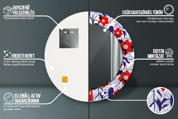 Round mirror frame with print Filodendron and red flowers