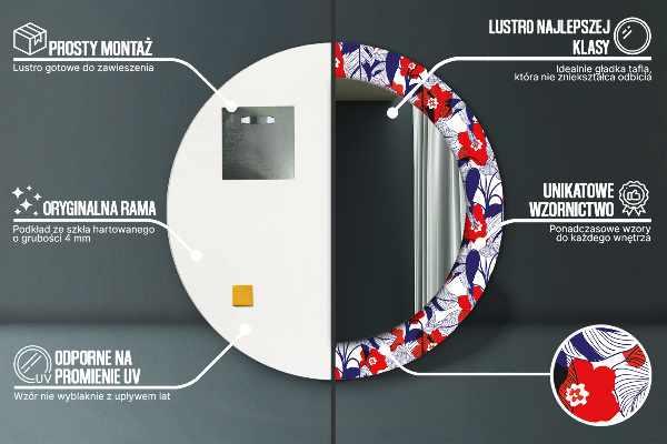 Round mirror frame with print Filodendron and red flowers