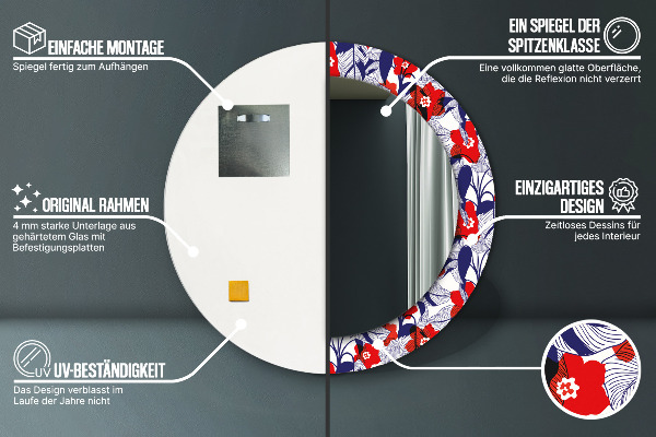 Round mirror frame with print Filodendron and red flowers