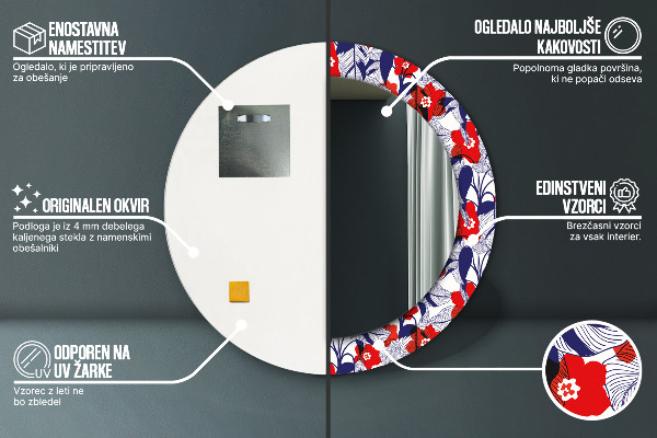 Round mirror frame with print Filodendron and red flowers