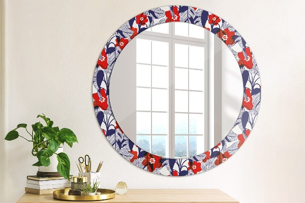 Round mirror frame with print Filodendron and red flowers