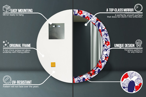 Round mirror frame with print Filodendron and red flowers