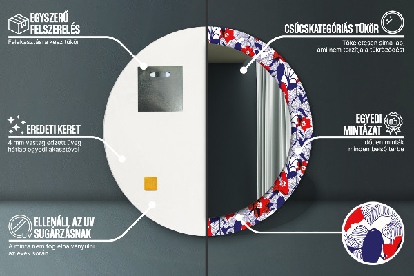 Round mirror frame with print Filodendron and red flowers