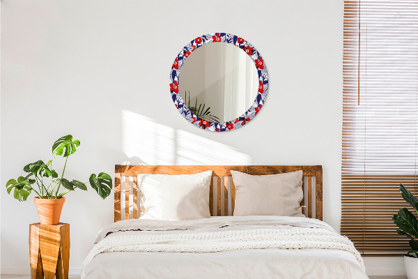Round mirror frame with print Filodendron and red flowers