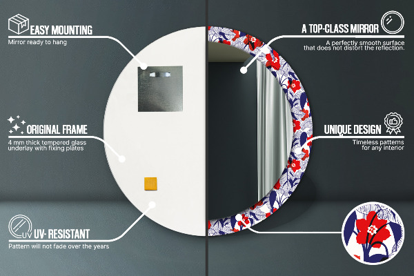 Round mirror frame with print Filodendron and red flowers