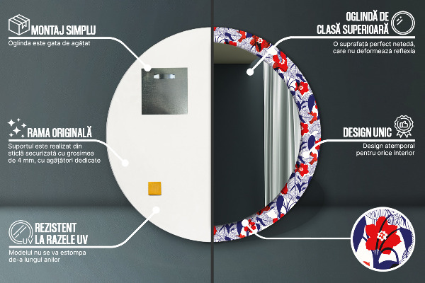 Round mirror frame with print Filodendron and red flowers