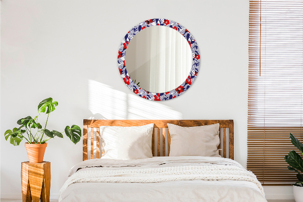 Round mirror frame with print Filodendron and red flowers