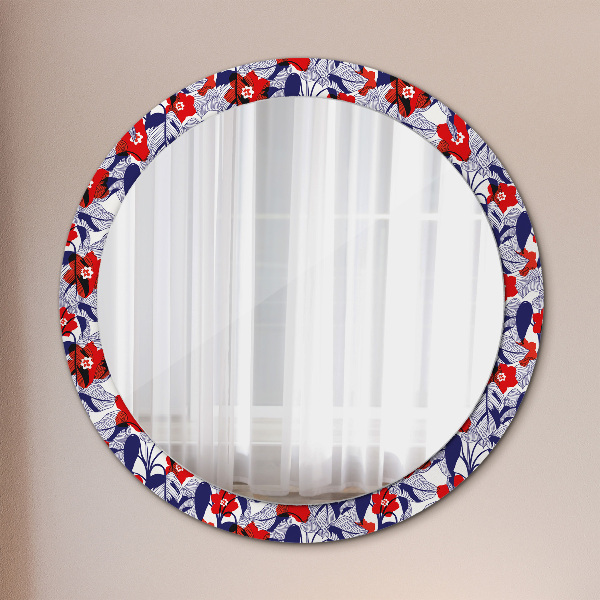 Round mirror frame with print Filodendron and red flowers