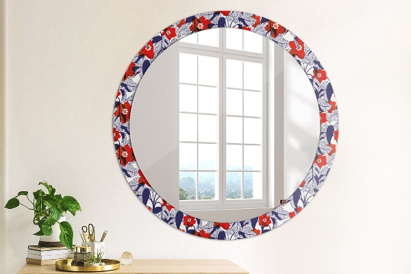 Round mirror frame with print Filodendron and red flowers