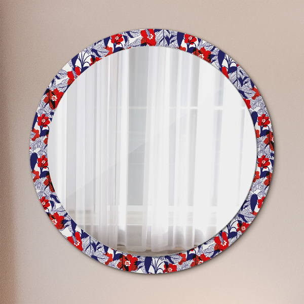Round mirror frame with print Filodendron and red flowers