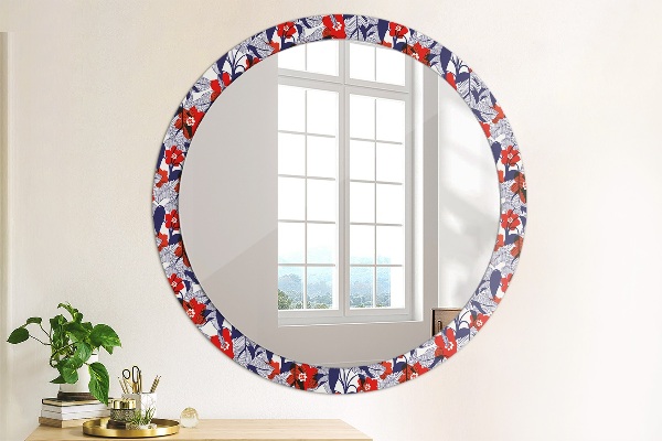 Round mirror frame with print Filodendron and red flowers
