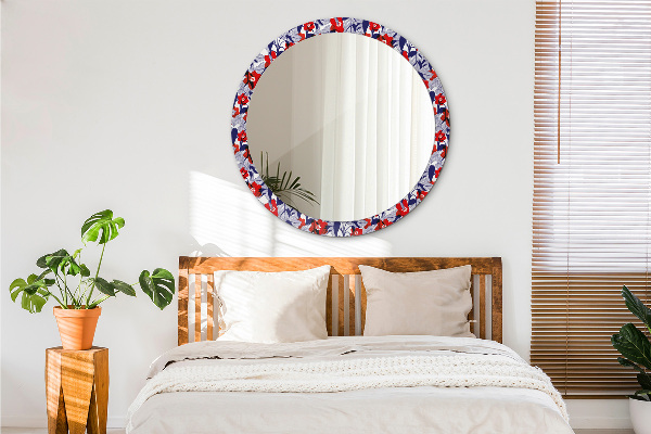 Round mirror frame with print Filodendron and red flowers