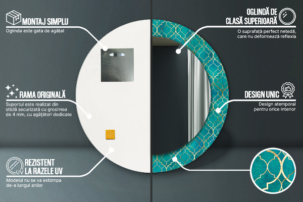 Round printed mirror Green and gold composition