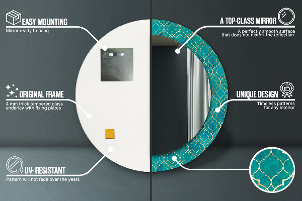 Round printed mirror Green and gold composition