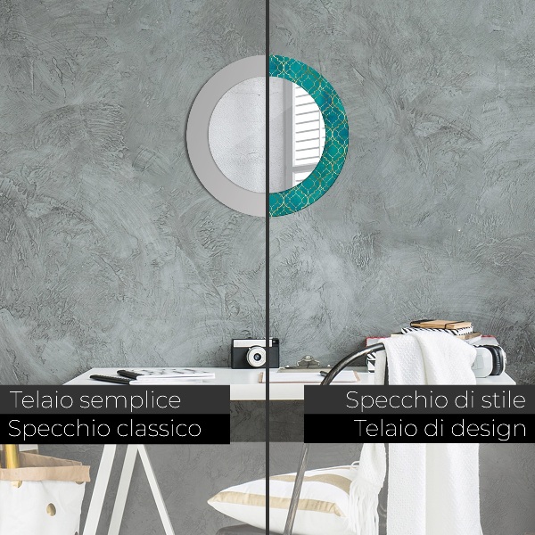 Round printed mirror Green and gold composition