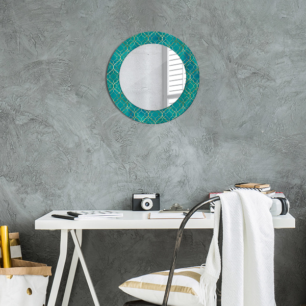 Round printed mirror Green and gold composition