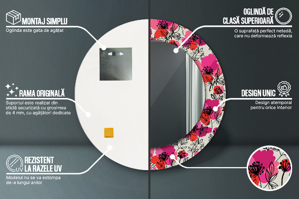 Circle decorative mirror Pink poppies