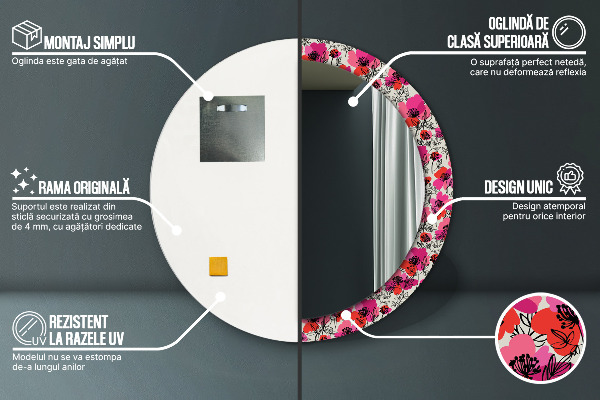 Circle decorative mirror Pink poppies