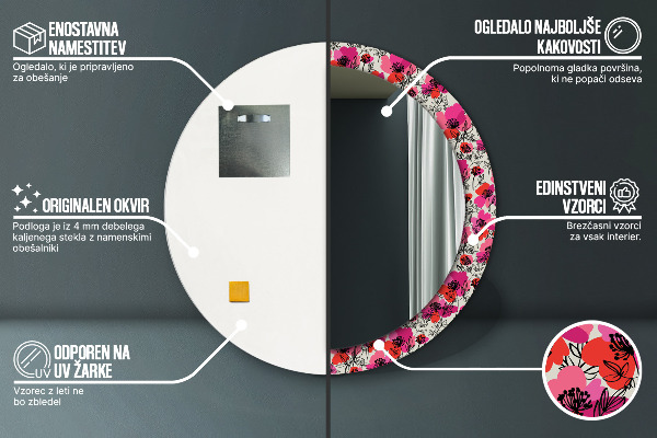 Circle decorative mirror Pink poppies