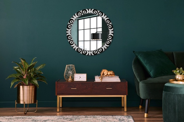 Round mirror frame with print Black geometric ornament