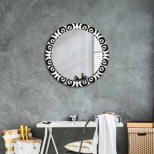 Round mirror frame with print Black geometric ornament