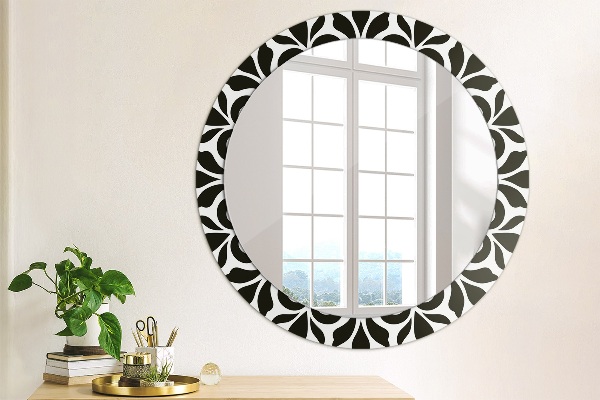 Round mirror frame with print Black geometric ornament