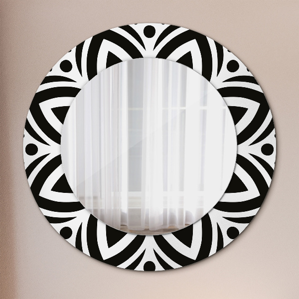 Round mirror frame with print Black geometric ornament