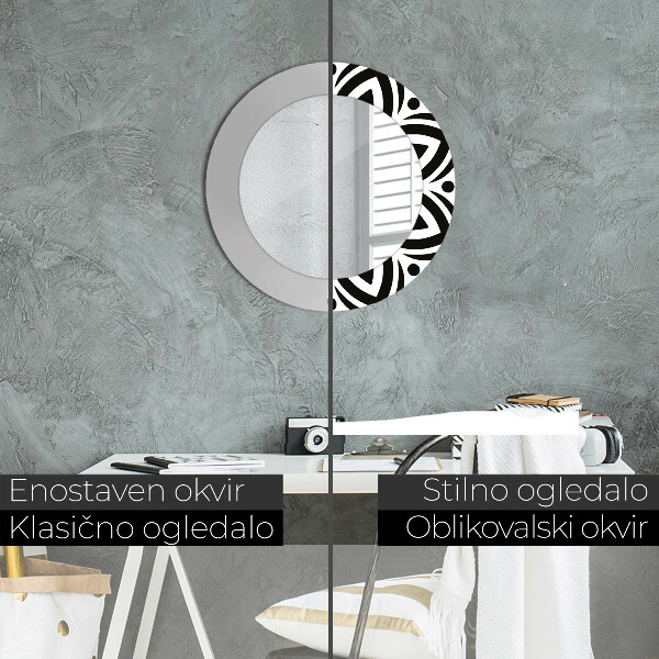 Round mirror frame with print Black geometric ornament