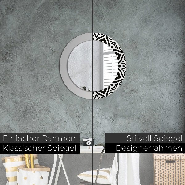 Round mirror frame with print Black geometric ornament