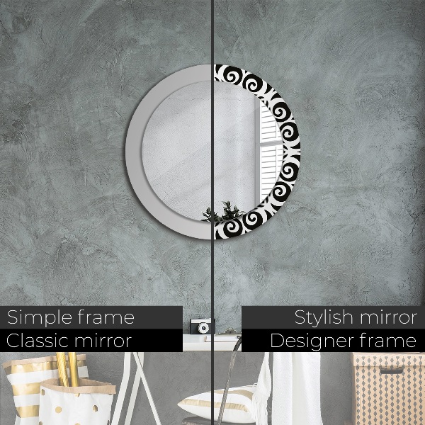 Round mirror frame with print Black geometric ornament