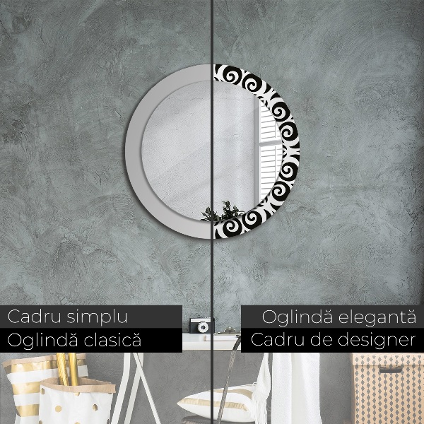 Round mirror frame with print Black geometric ornament