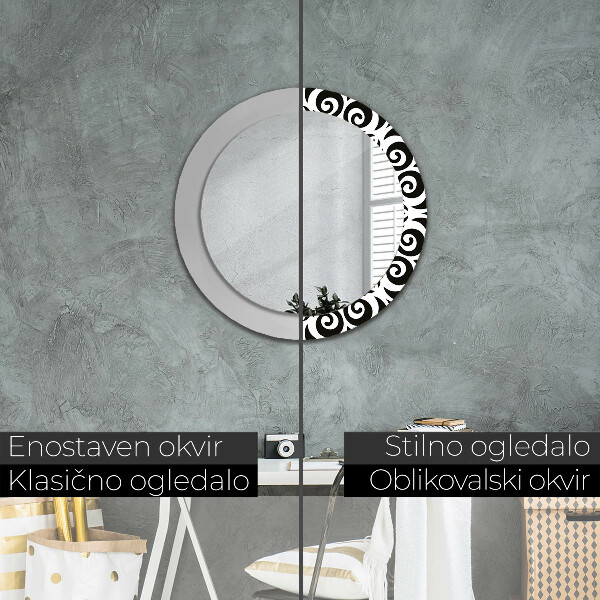 Round mirror frame with print Black geometric ornament