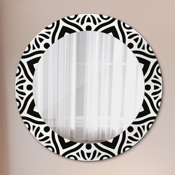Round mirror frame with print Black geometric ornament